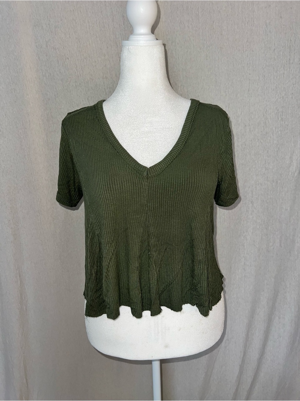 Altar'd State Olive Green Ribbed V-Neck Short Sleeve Top